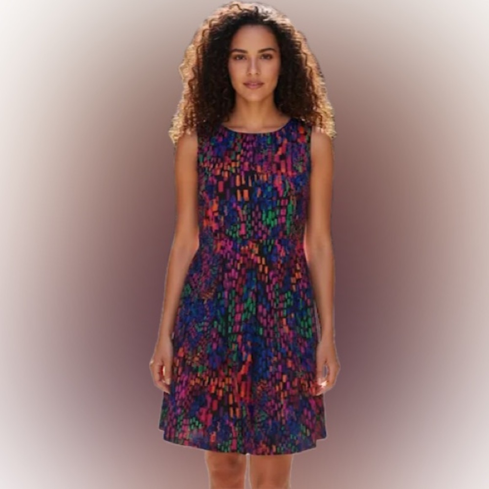 Ellen Tracy Bold Multicolor Abstract Print Sleeveless Belted Dress Size 14 - Picture 3 of 8